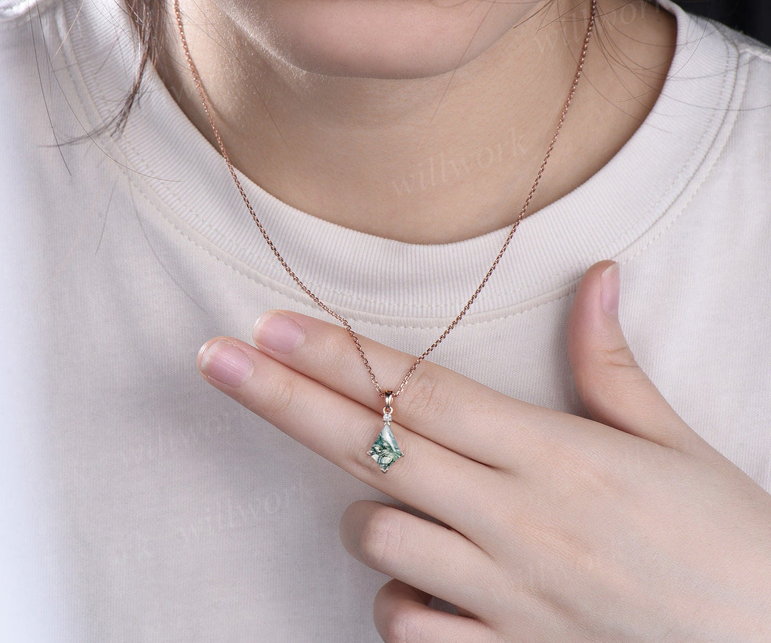 Kite natural moss agate necklace solid 14k 18k white gold vintage unique Personalized pendant for women her anniversary bridal gift mother