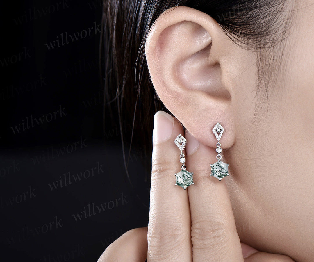 Vintage 1ct hexagon cut green moss agate earrings women solid 14k white gold kite halo diamond drop earrings anniversary gift for her