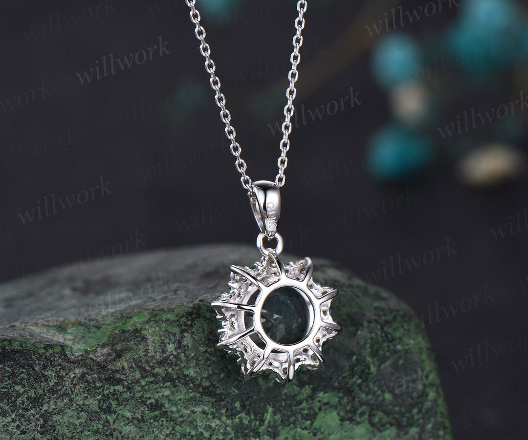 Vintage round cut green moss agate necklace white gold 8 prong halo natural emerald diamond moissanite pendant women promise bridal gift