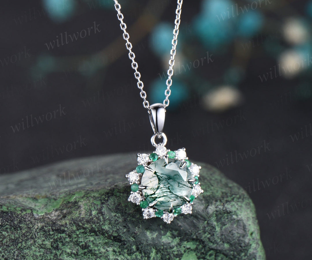 Vintage round cut green moss agate necklace white gold 8 prong halo natural emerald diamond moissanite pendant women promise bridal gift