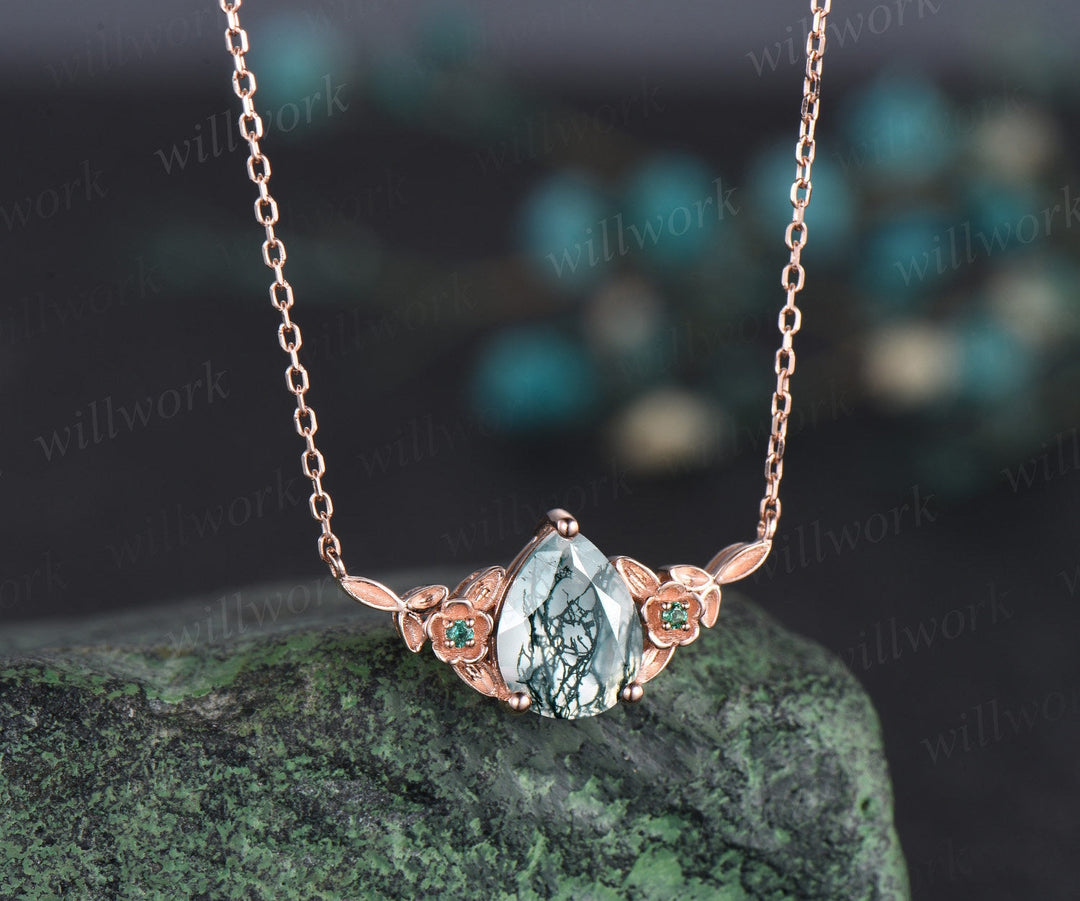 Pear shaped green moss agate necklace solid 14k rose gold three stone nature inspired leaf floral emerald necklace anniversary gift women