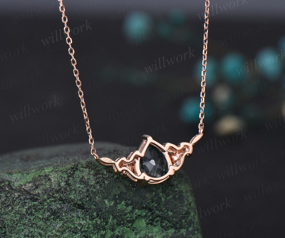 Pear shaped green moss agate necklace solid 14k rose gold three stone nature inspired leaf floral emerald necklace anniversary gift women