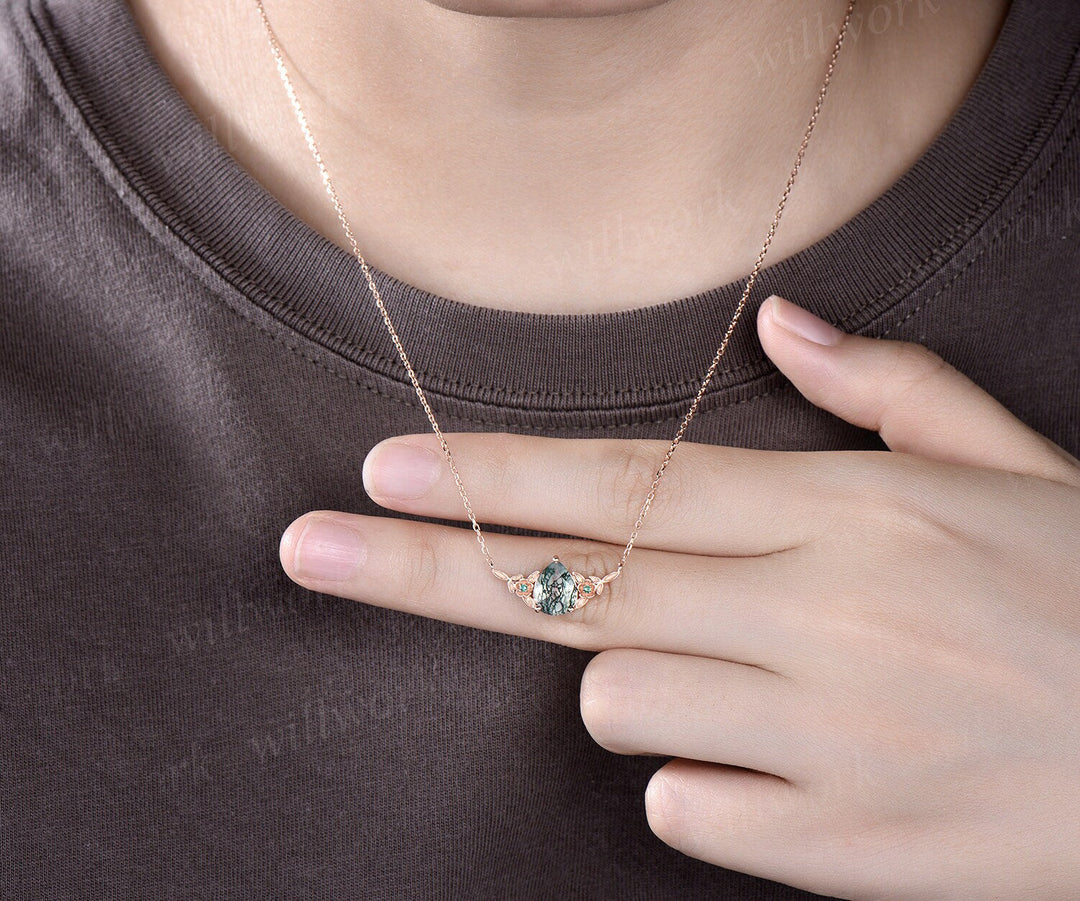 Pear shaped green moss agate necklace solid 14k rose gold three stone nature inspired leaf floral emerald necklace anniversary gift women