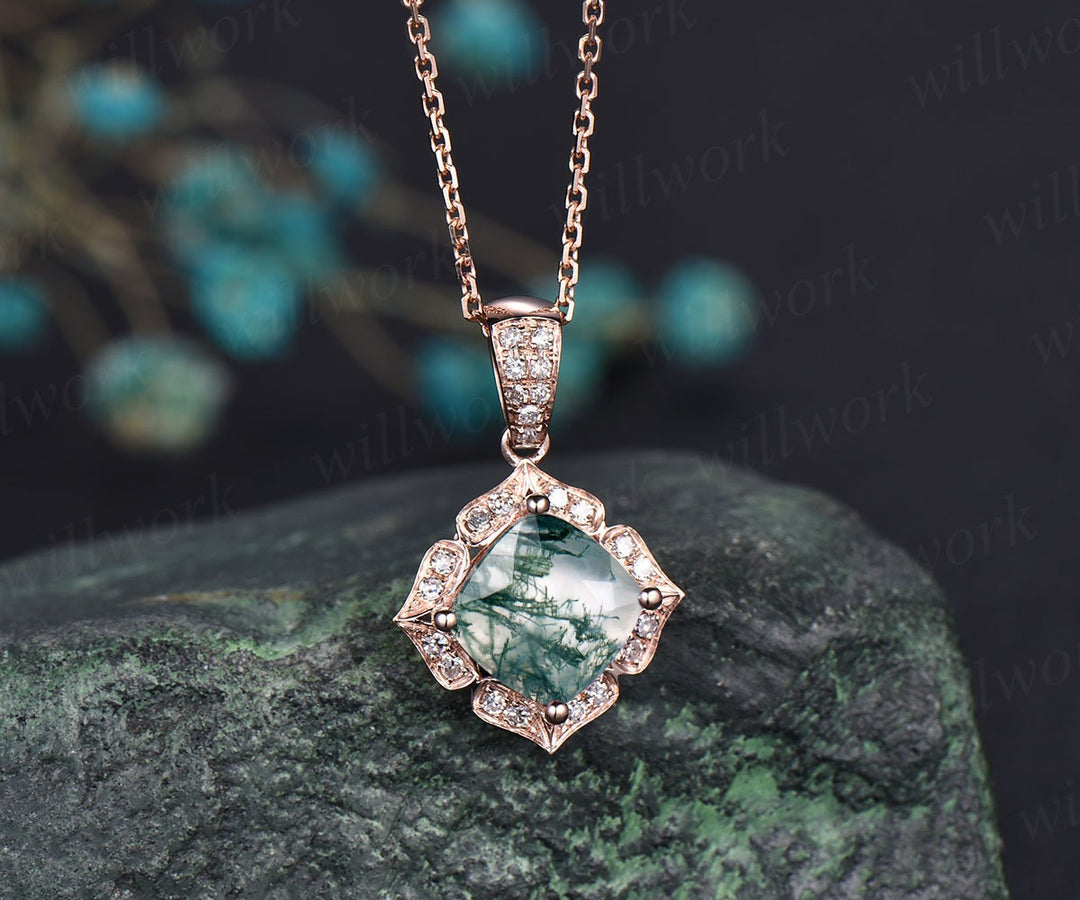 Cushion cut natural green moss agate necklace solid 14k rose gold floral halo moissanite diamond pendant women bridal anniversary gift