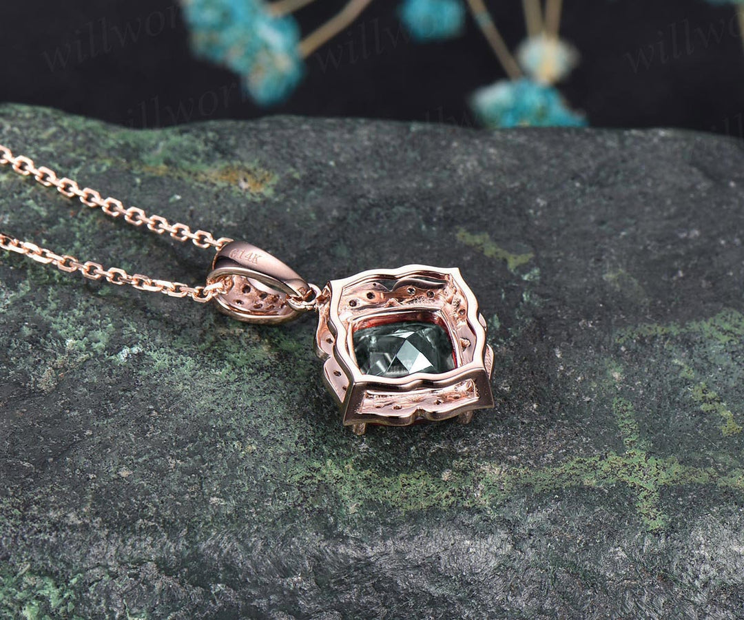 Cushion cut natural green moss agate necklace solid 14k rose gold floral halo moissanite diamond pendant women bridal anniversary gift