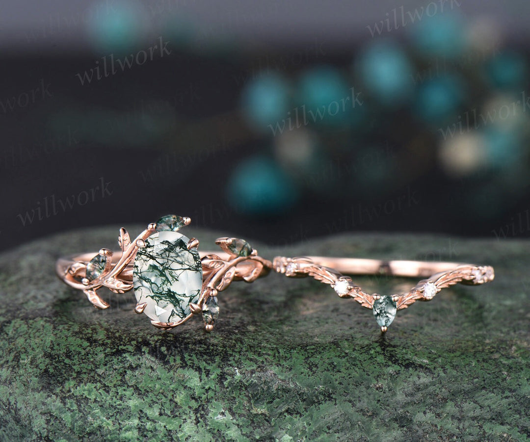 Vintage oval cut green moss agate engagement ring rose gold art deco cluster leaf nature inspired bridal promise wedding ring set women