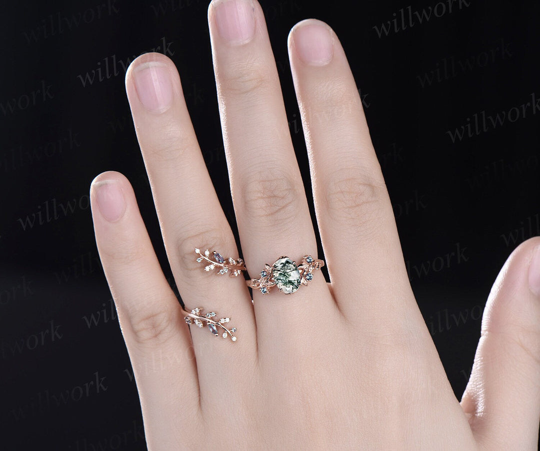 Twig oval cut moss agate engagement ring nature inspired leaf alexandrite ring rose gold twisted anniversary wedding ring set women gift