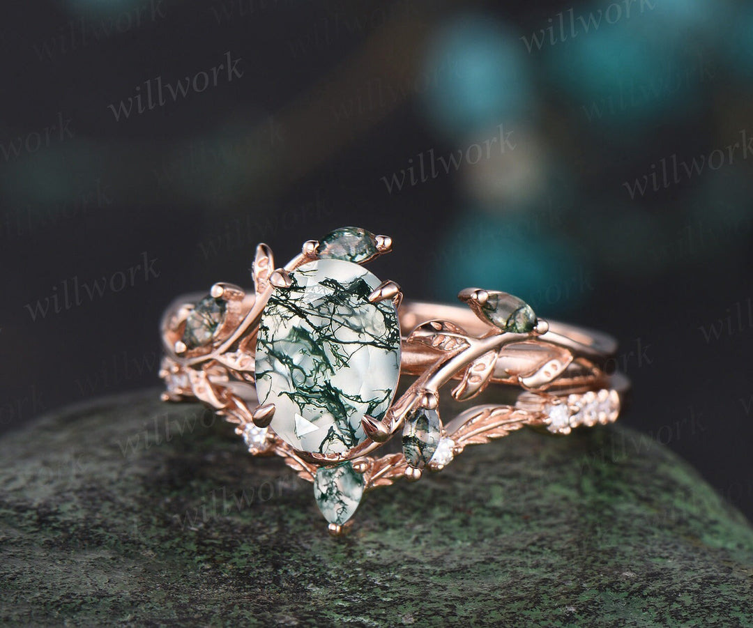 Vintage oval cut green moss agate engagement ring rose gold art deco cluster leaf nature inspired bridal promise wedding ring set women