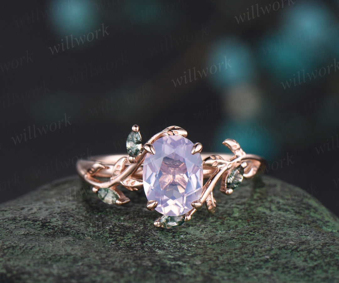 Vintage oval cut Lavender Amethyst engagement ring rose gold art deco cluster leaf nature inspired moss agate bridal wedding ring set women