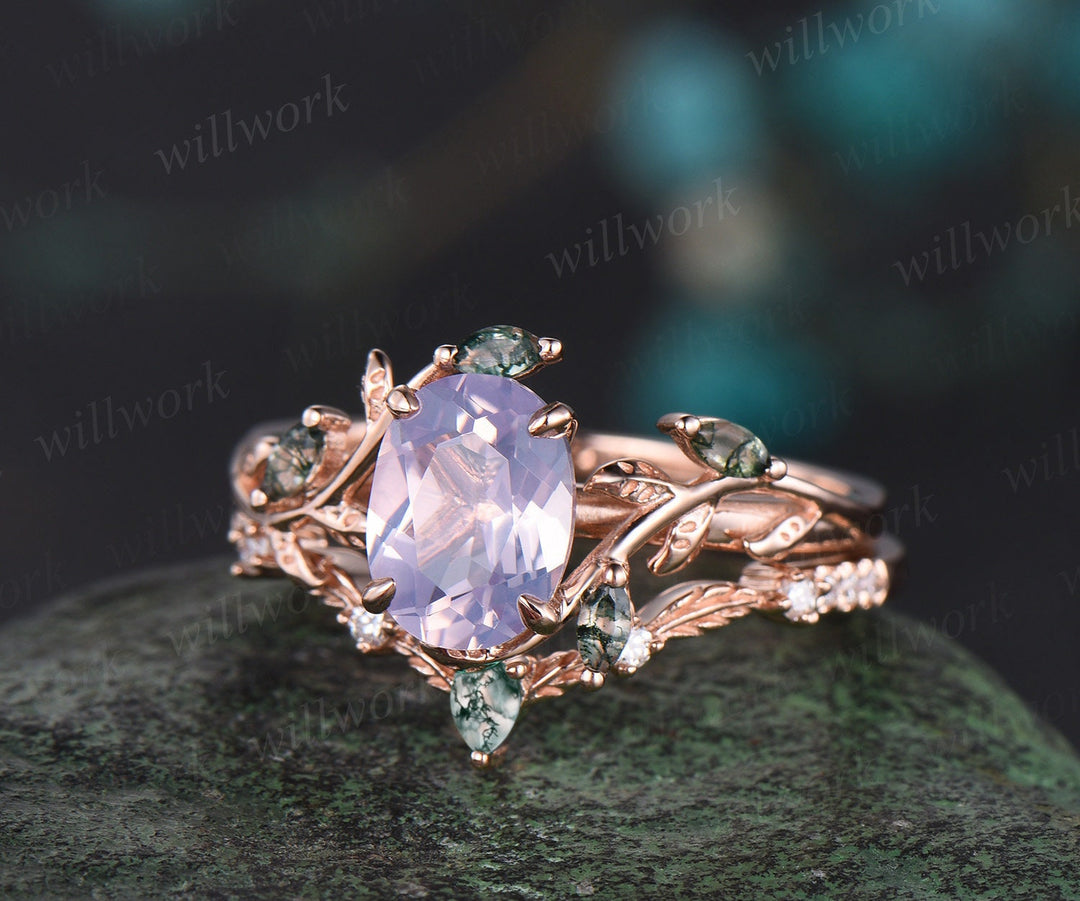 Vintage oval cut Lavender Amethyst engagement ring rose gold art deco cluster leaf nature inspired moss agate bridal wedding ring set women