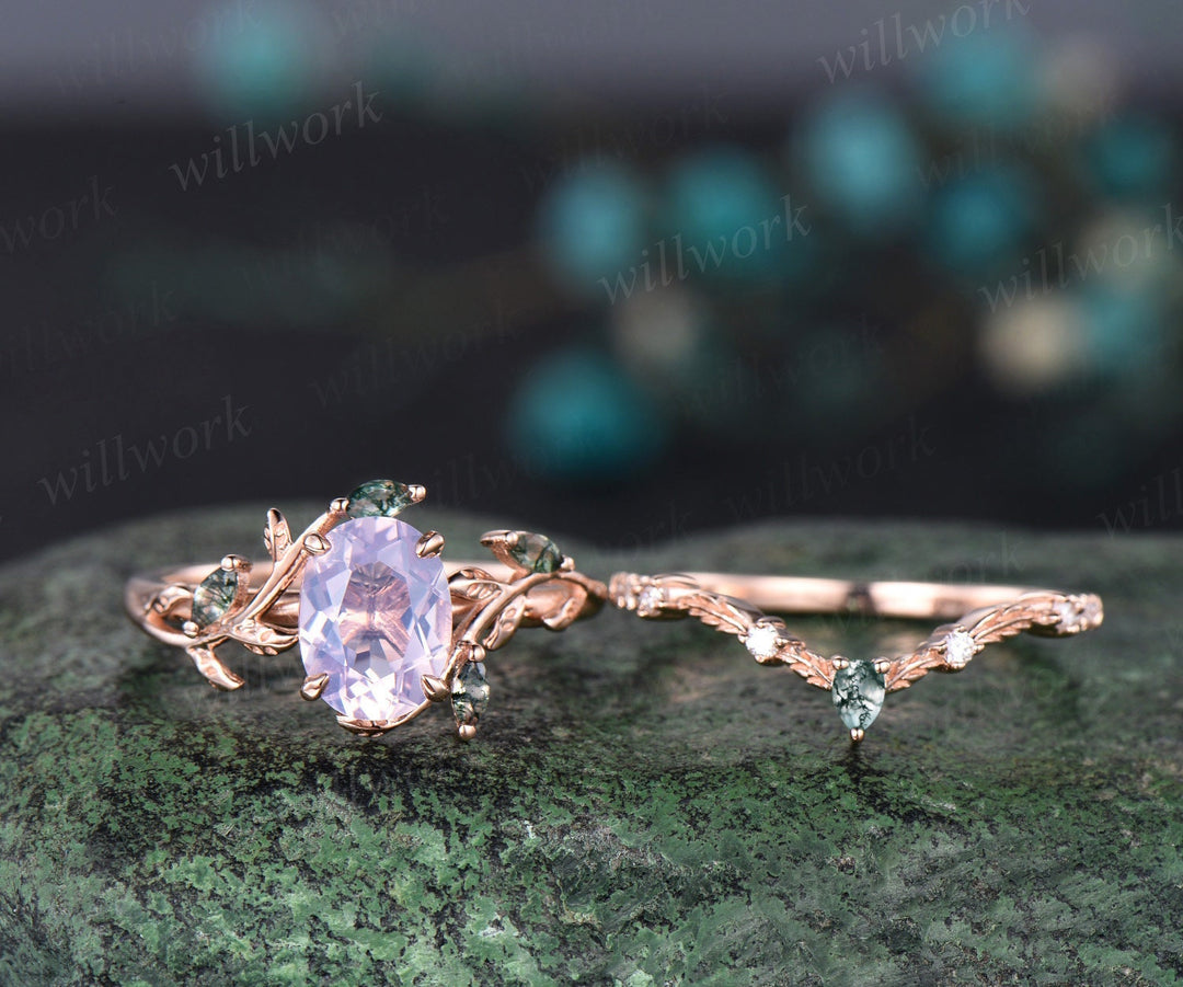 Vintage oval cut Lavender Amethyst engagement ring rose gold art deco cluster leaf nature inspired moss agate bridal wedding ring set women