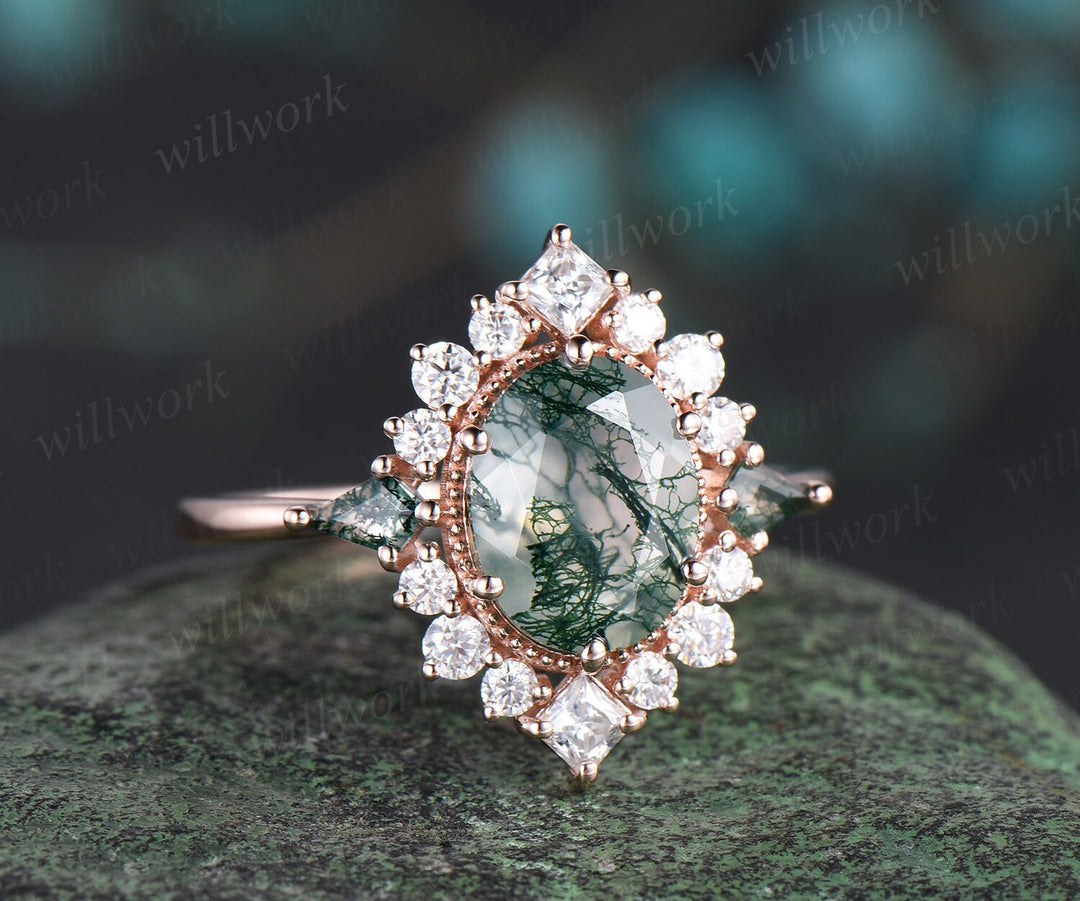 7x9mm oval cut green moss agate engagement ring Milgrain halo princess diamond ring women 6 prong unique wedding anniversary ring