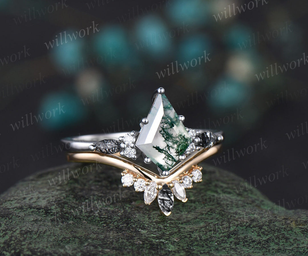 Kite cut green moss agate engagement ring white gold black rutilated quartz ring women unique diamond promise wedding ring set jewelry