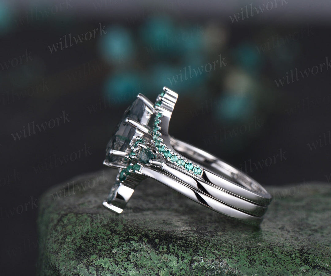 Kite cut green moss agate engagement ring white gold stacking vintage emerald wedding bridal ring set women gemstone jewelry