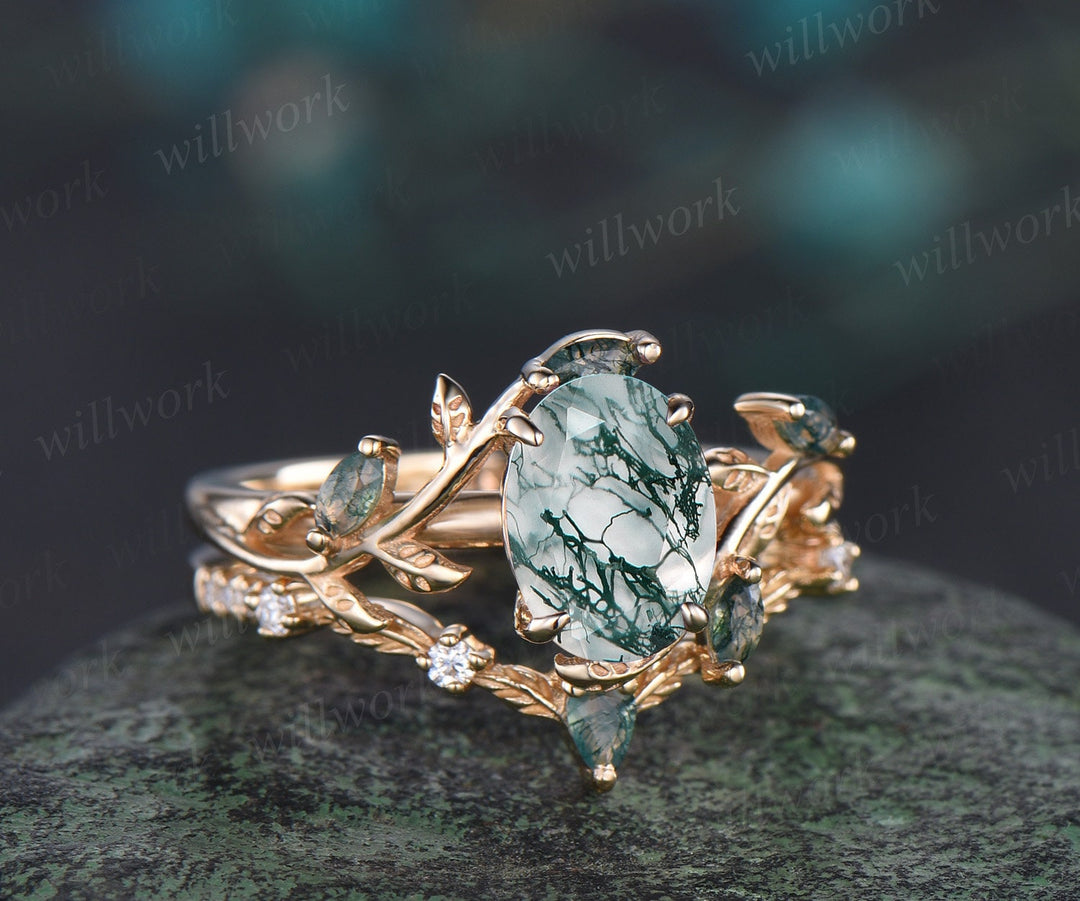 Vintage oval cut green moss agate engagement ring yellow gold art deco cluster leaf nature inspired bridal promise wedding ring set women