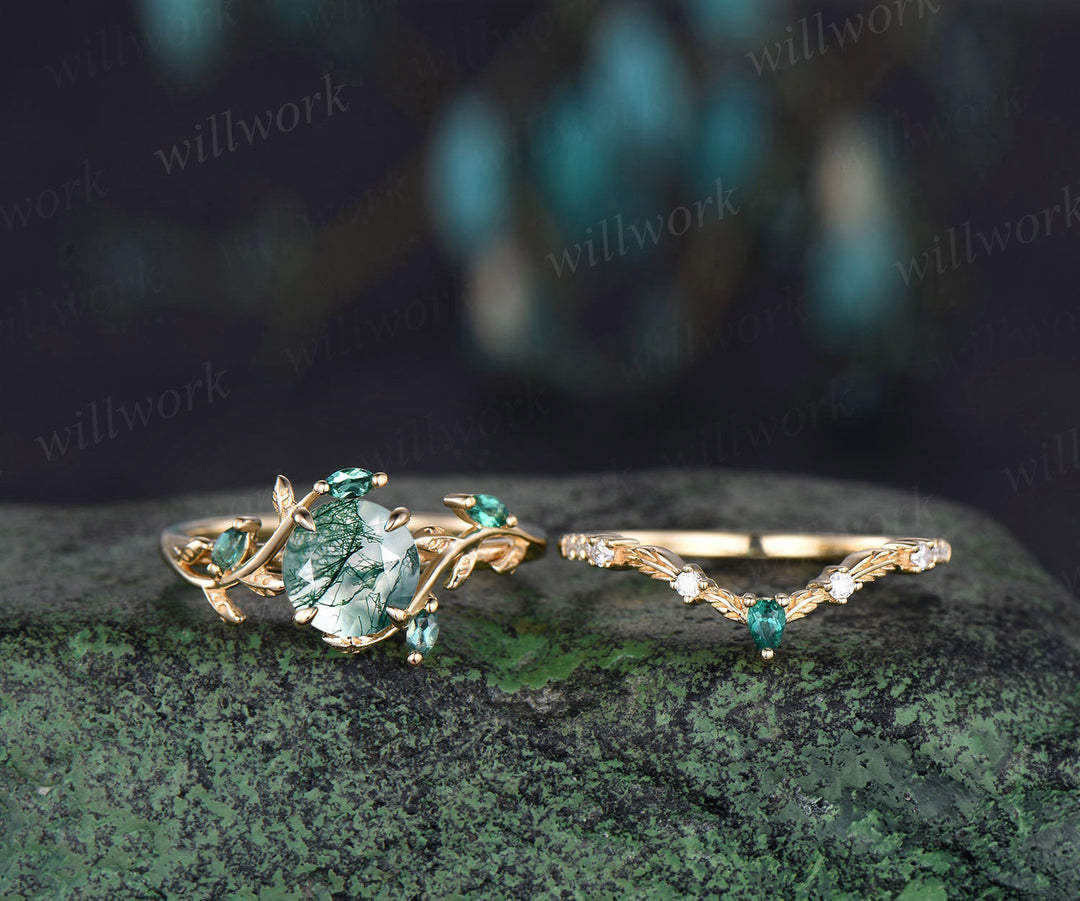 Vintage round cut green moss agate engagement ring yellow gold emerald art deco leaf nature inspired bridal promise wedding ring set women