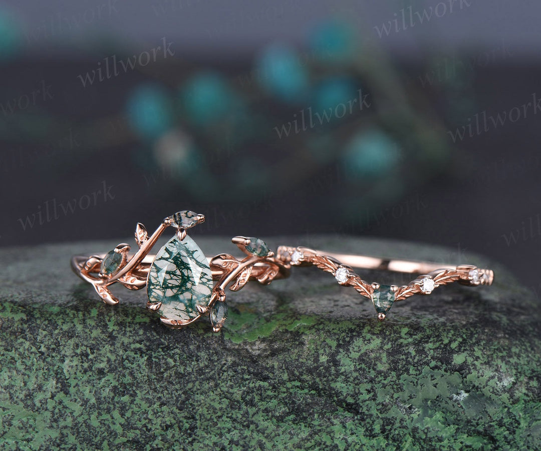 Vintage pear cut green moss agate engagement ring rose gold art deco cluster leaf nature inspired bridal promise wedding ring set women