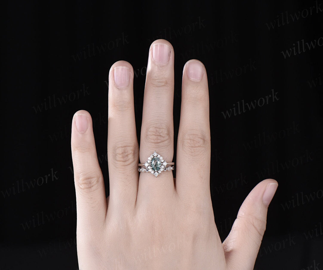 Oval cut moss agate engagement ring white gold halo princess diamond bridal ring set women alexandrite open gap wedding band