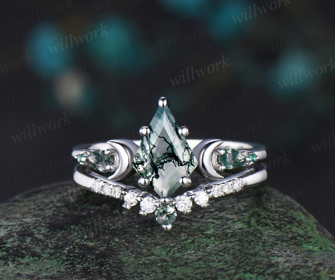 Unique kite cut moss agate engagement ring set women rose gold 6 prong five stone moon bridal ring set