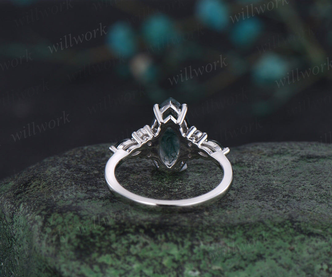 Marquise cut green moss agate engagement ring white gold Personalized diamond wedding ring women gift jewelry