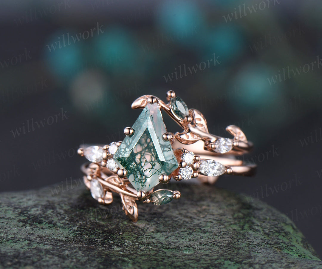 Vintage kite cut moss agate engagement ring leaf stacking enhancer rose gold diamond wedding promise ring set women