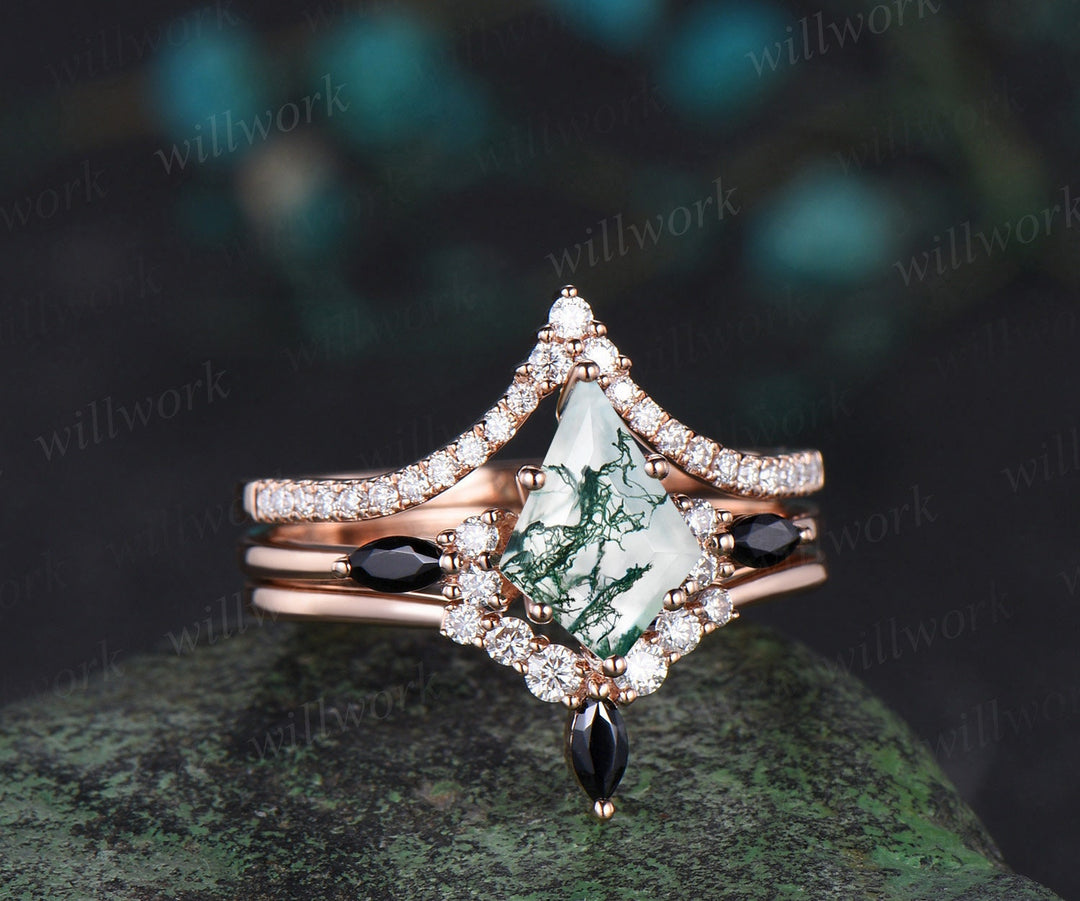 Kite cut moss agate engagement ring rose gold stacking moissanite black spinel wedding bridal ring set women