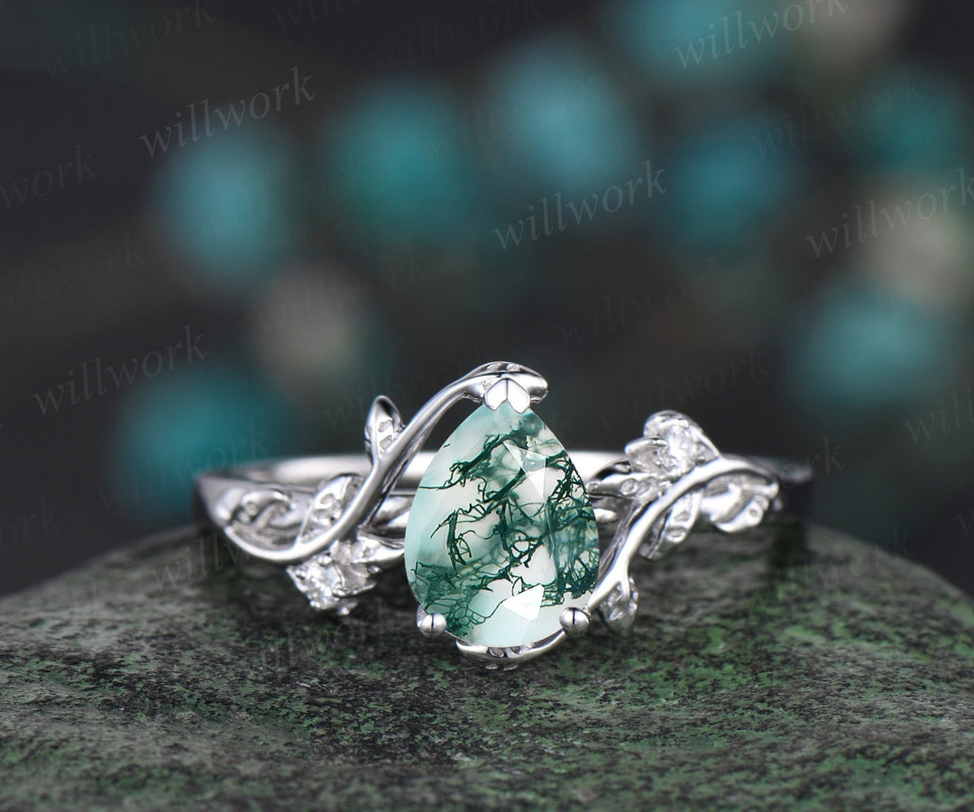 Leaf Pear shaped moss agate engagement ring set solid 14k white gold three stone diamond art deco ring women unique wedding ring set