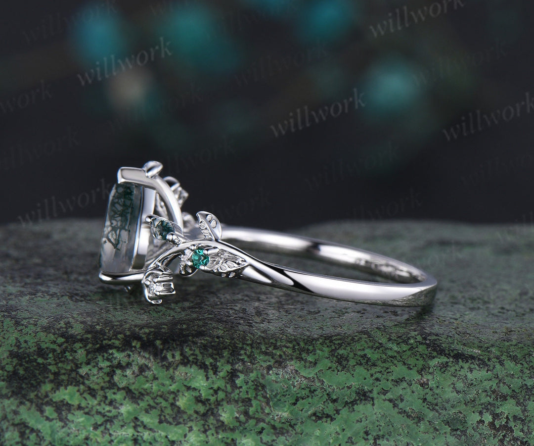 Pear cut moss agate ring vintage leaf moon white gold unique engagement ring women branch twisted emerald anniversary ring women