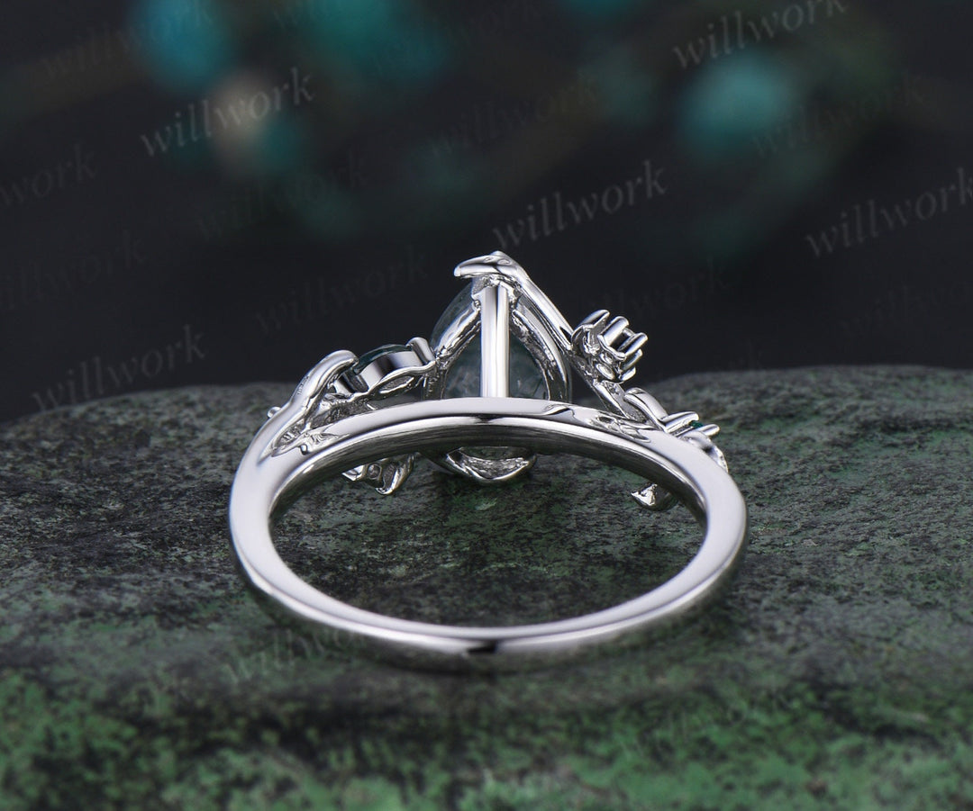 Pear cut moss agate ring vintage leaf moon white gold unique engagement ring women branch twisted emerald anniversary ring women