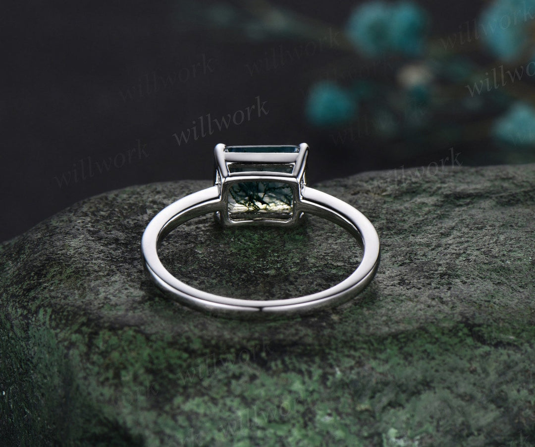 East to west emerald cut green moss agate engagement ring women solid 14k white gold solitaire gemstone anniversary ring gift