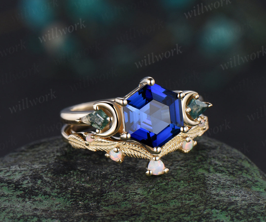 Hexagon cut sapphire ring vintage three stone moon moss agate leaf opal ring women 6 prong unique engagement ring blue gemstone ring