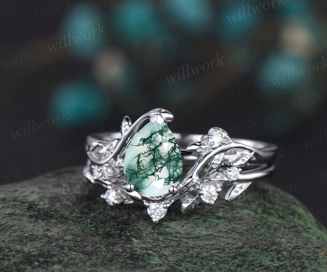 Leaf Pear shaped moss agate engagement ring set solid 14k white gold three stone diamond art deco ring women unique wedding ring set