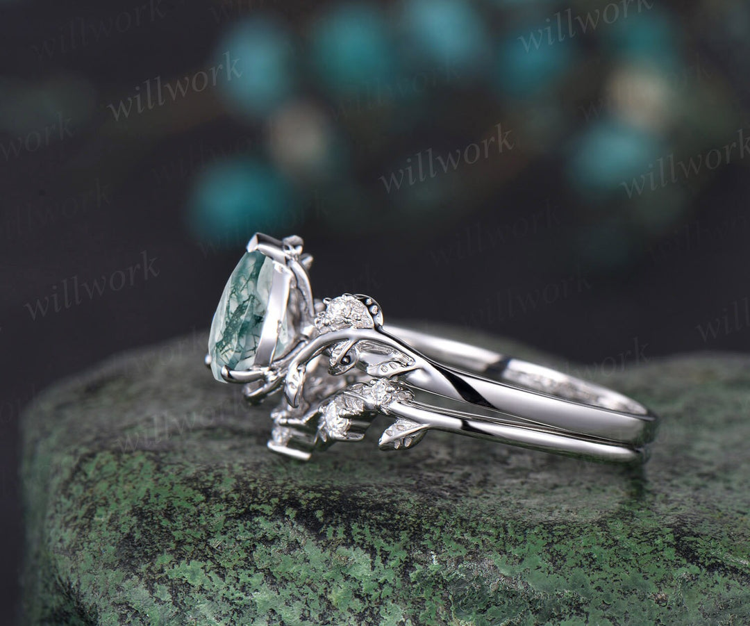 Leaf Pear shaped moss agate engagement ring set solid 14k white gold three stone diamond art deco ring women unique wedding ring set