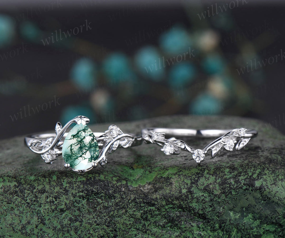 Leaf Pear shaped moss agate engagement ring set solid 14k white gold three stone diamond art deco ring women unique wedding ring set