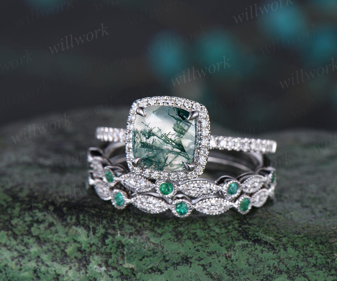 Vintage cushion cut moss agate engagement ring solid 14k white gold half eternity halo diamond natural emerald bridal wedding ring set women