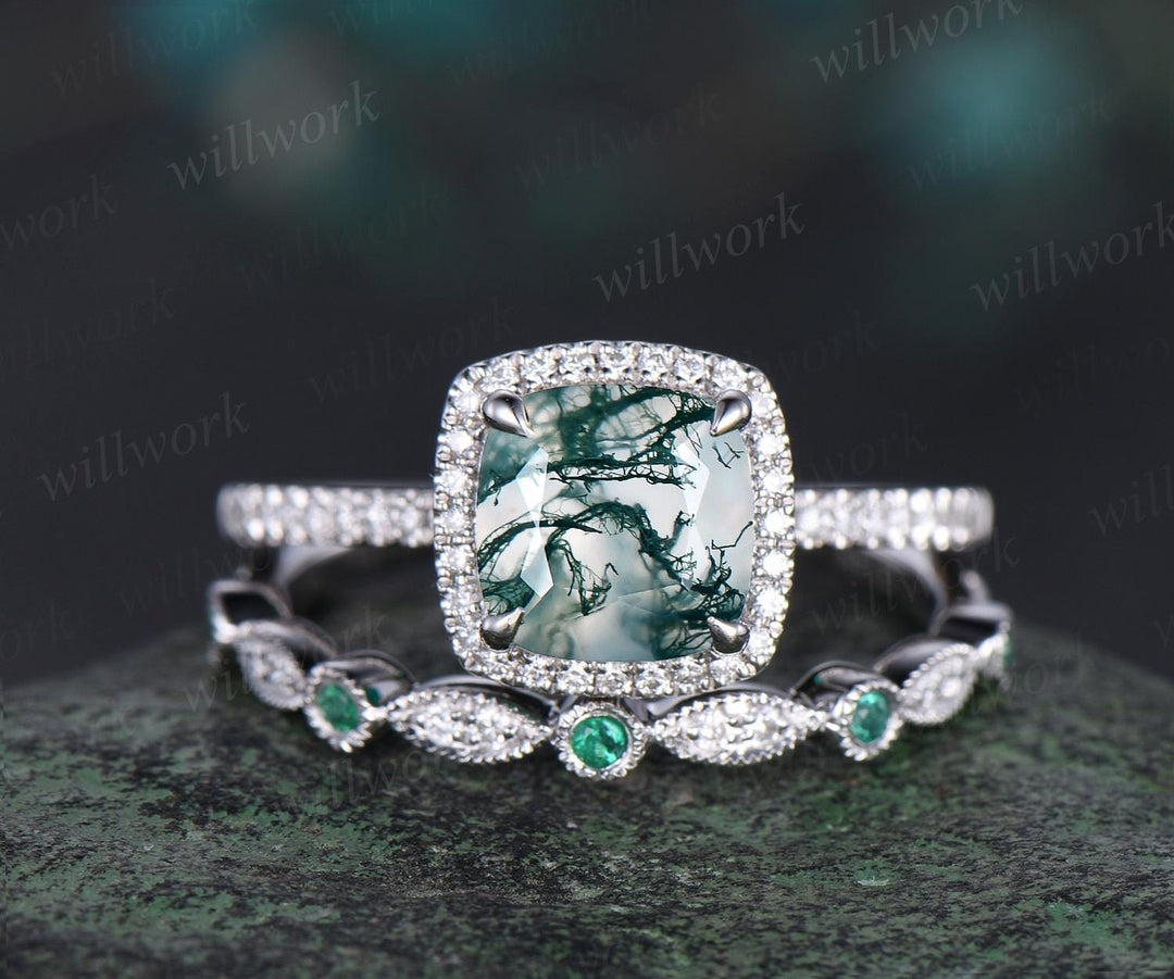 Vintage cushion cut moss agate engagement ring solid 14k white gold half eternity halo diamond natural emerald bridal wedding ring set women