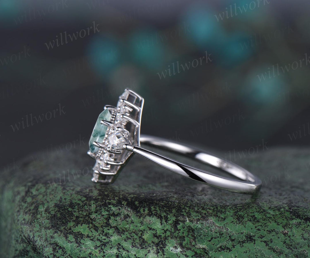 Oval cut moss agate ring vintage white gold halo kite princess unique engagement ring women moissanite wedding anniversary ring gift for her