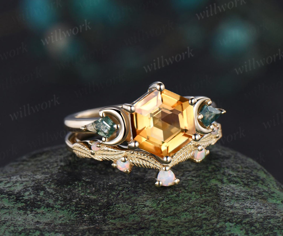 Hexagon cut citrine engagement ring yellow gold three stone moon kite moss agate ring women leaf opal wedding ring band Crystal Ring