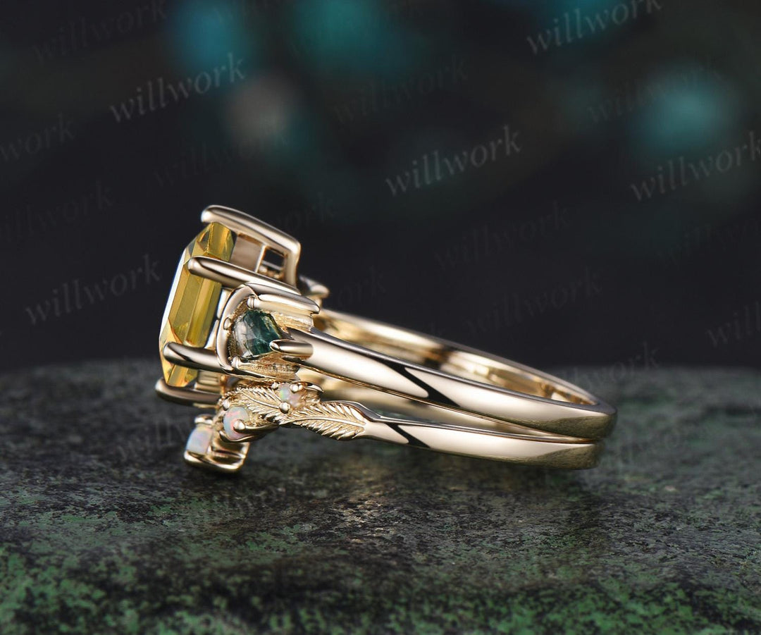 Hexagon cut citrine engagement ring yellow gold three stone moon kite moss agate ring women leaf opal wedding ring band Crystal Ring