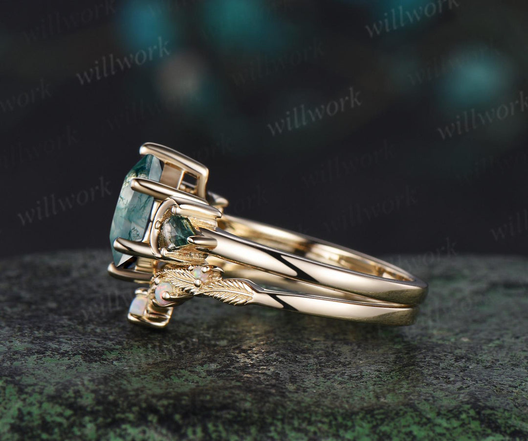 Hexagon cut moss agate engagement ring set 14k yellow gold kite three stone moon leaf opal wedding ring band unique bridal set women