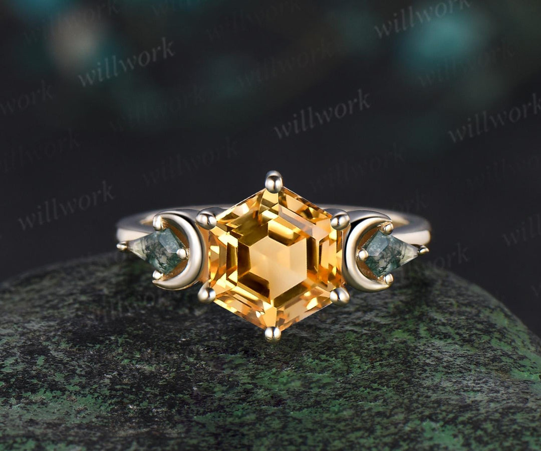 Hexagon cut citrine engagement ring yellow gold three stone moon kite moss agate ring women leaf opal wedding ring band Crystal Ring