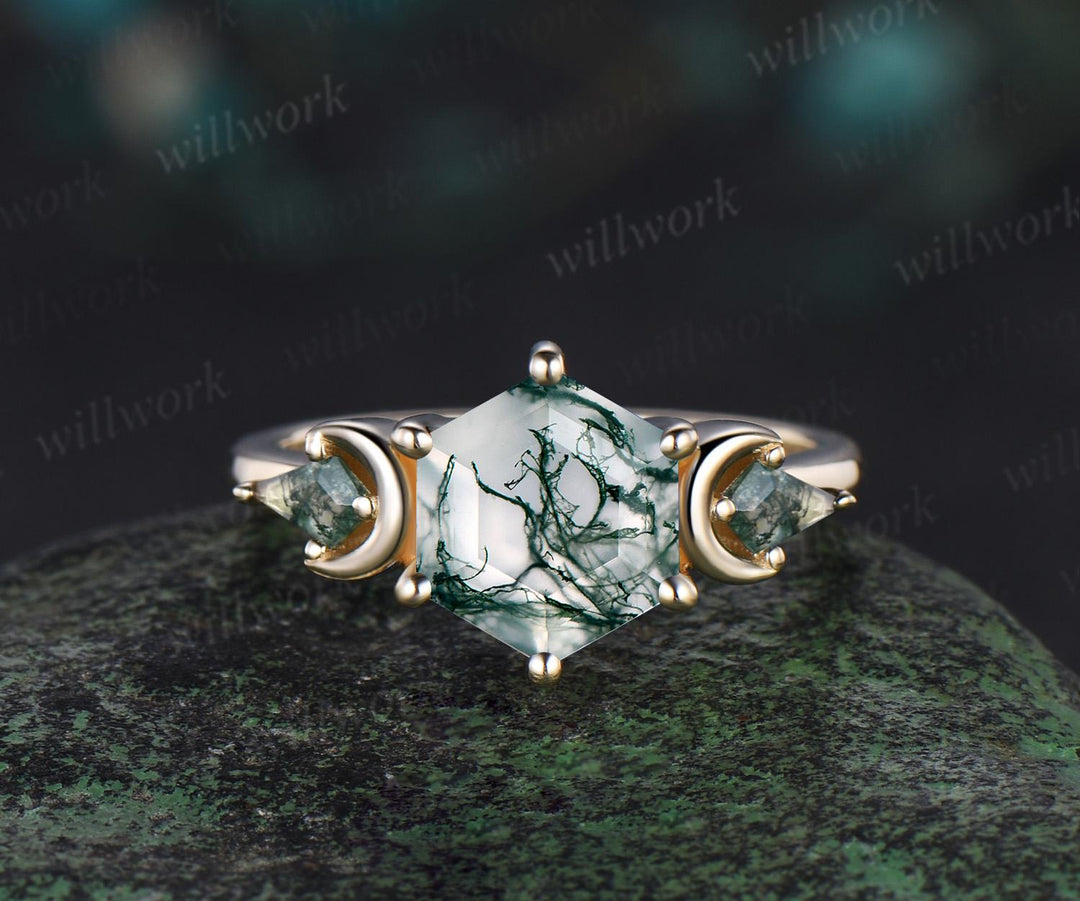 Hexagon cut moss agate engagement ring set 14k yellow gold kite three stone moon leaf opal wedding ring band unique bridal set women