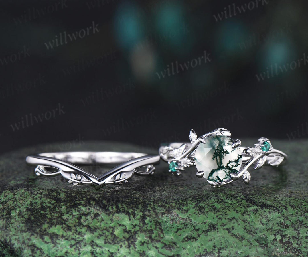 1ct round cut natural moss agate engagement ring set solid 14k white gold three stone leaf emerald promise ring unique bridal set women