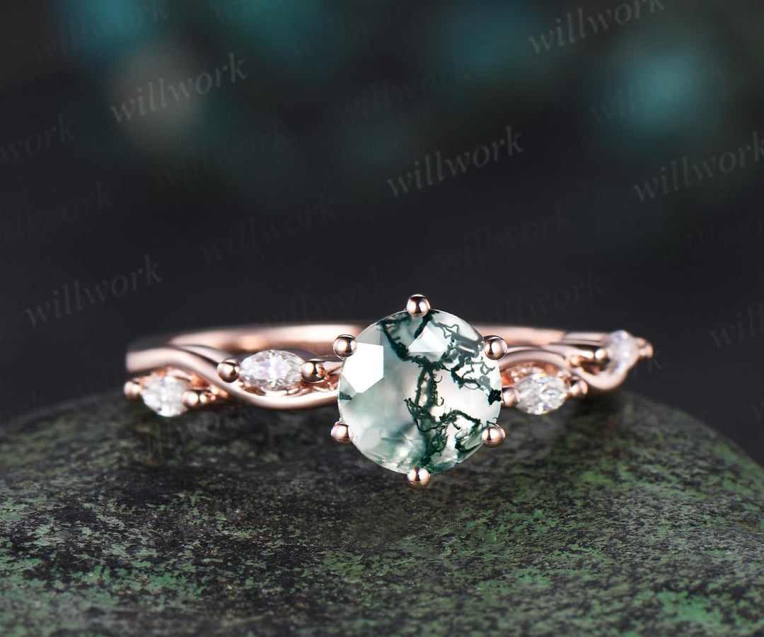 1ct round cut green moss agate ring rose gold five stone unique engagement ring women twisted under halo diamond wedding anniversary gift