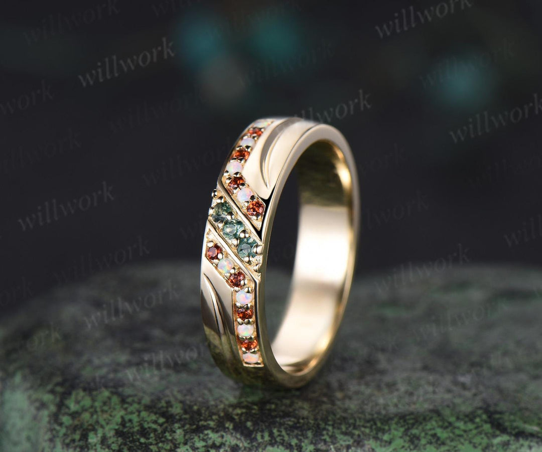 Unique Mens Moss Agate Wedding Band Round Cut Band 5mm Solid 14k Gold Ring Mens opal garnet Handsome Man Rings Matching Band Ring Gift