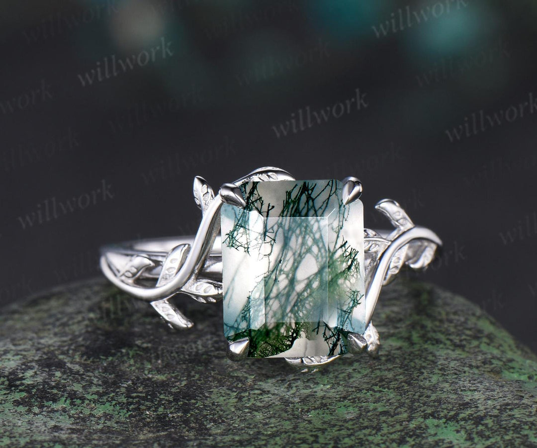 Big emerald cut moss agate engagement ring solid 14k white gold leaf nature inspired retro wedding promsie ring women