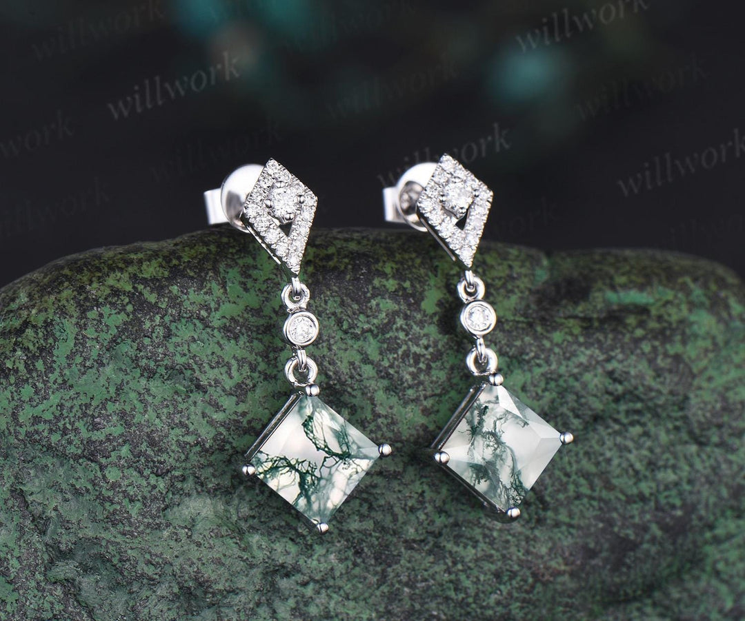 1ct princess cut natural moss agate earrings women 14k white gold bezel kite halo diamond drop earrings antique anniversary gift for her