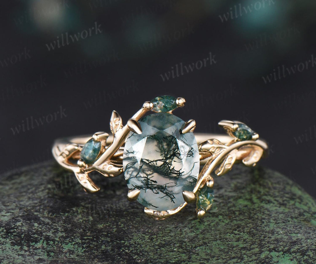 2ct oval cut moss agate engagement ring set 14k yellow gold 7x9mm antique bridal set twisted leaf promise ring set