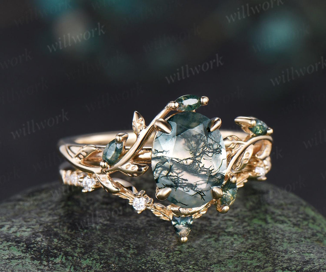 2ct oval cut moss agate engagement ring set 14k yellow gold 7x9mm antique bridal set twisted leaf promise ring set