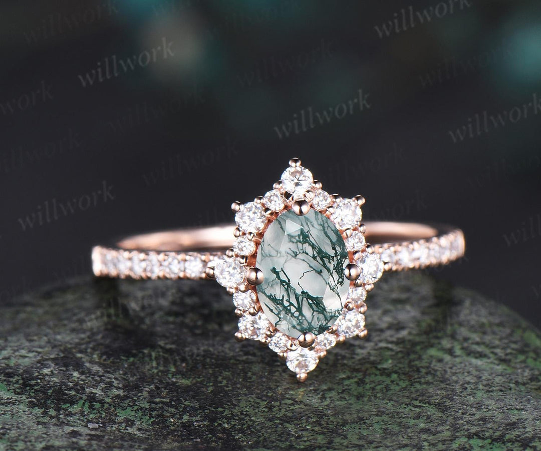 1ct oval cut moss agate engagement ring snowdrift halo diamond 14k rose gold ring women half eternity unique wedding promise ring